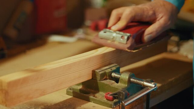 Close-up of a hand using a red sanding block to smooth a wooden plank clamped in a vise. Authentic DIY woodworking footage for craft, carpentry and maker projects