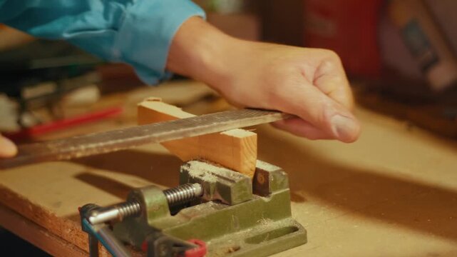 Close-up of a hand using a metal file to shape a wooden piece clamped in a vise. Authentic DIY woodworking footage for craft, carpentry and maker projects