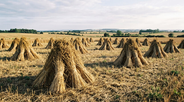 Golden wheat stooks standing in a harvested rural field under a cloudy sky at harvest season.