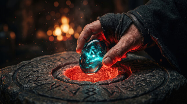 Hand placing glowing crystal magic rune stone artifact on ancient ritual altar.