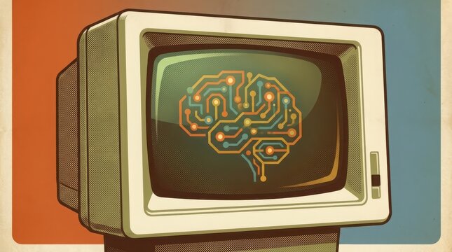 Vintage computer monitor displaying a glowing circuit board brain graphic.