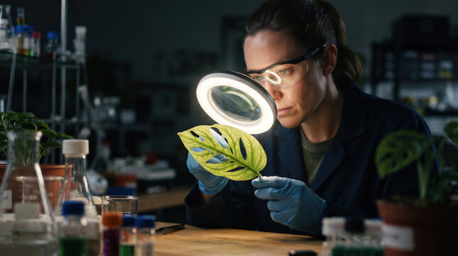 Scientist botanist inspecting plant leaf with magnifying glass in laboratory for biology research.