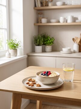 Healthy homemade breakfast with oatmeal, fresh berries, banana, nuts and water on a kitchen table, representing balanced nutrition and a healthy lifestyle.
