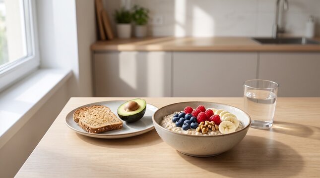 Healthy homemade breakfast with oatmeal, fresh berries, banana, nuts and water on a kitchen table, representing balanced nutrition and a healthy lifestyle.