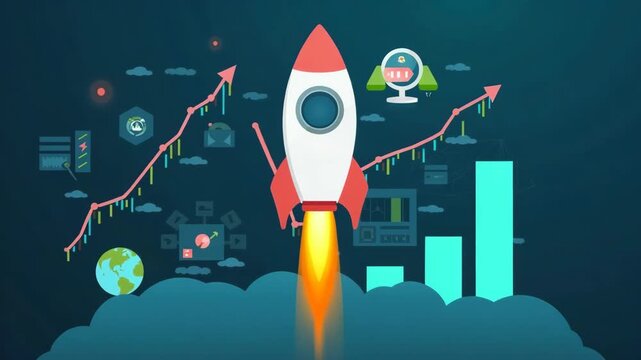 Flat design illustration of a rocket launching amidst rising graphs, charts, and digital icons, symbolizing business growth, innovation, and startup success in a modern digital world.