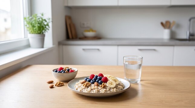 Healthy homemade breakfast with oatmeal, fresh berries, banana, nuts and water on a kitchen table, representing balanced nutrition and a healthy lifestyle.