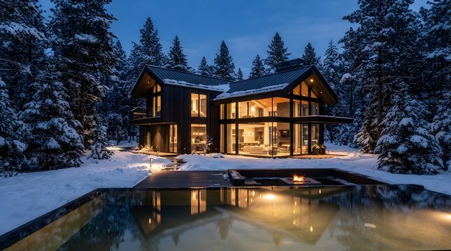 Modern luxury house exterior at night in a snowy forest with illuminated windows and outdoor fire pit