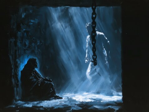 Two mysterious men in dark dungeon cell illuminated by cold dramatic blue light rays and hanging iron chain
