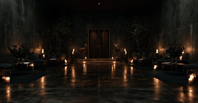 Wide view of dark luxury spa lobby entrance with warm candle lights on concrete wall for holistic wellness resort treatment, aesthetic massage sanctuary and relaxation therapy concept