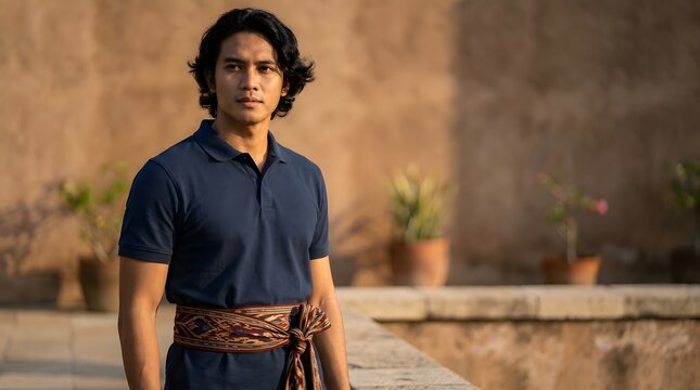 Handsome young Indonesian man wearing a modern navy blue polo shirt elegantly paired with a traditional hand-woven ethnic ikat sash around his waist, standing outdoors during a warm golden hour.