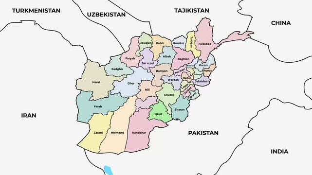 Afghanistan map with provinces and administrative divisions, regional boundaries animation on white background