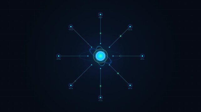 A floating spherical financial core that activates a network ecosystem through a controlled compression and radial energy release.