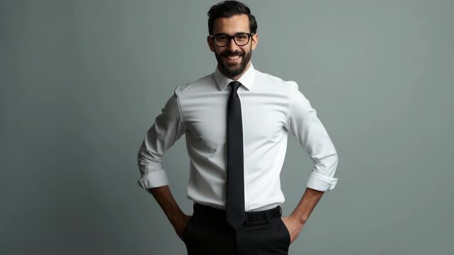 shot of attractive business man bossy crossed arms friendly smile meet colleagues corporate seminar wear specs white office shirt black pants tie isolated grey color background fashion edit.