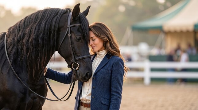 Woman rests her forehead against a black horse in a tender moment of trust and connection at an equestrian event, in a realistic scene
