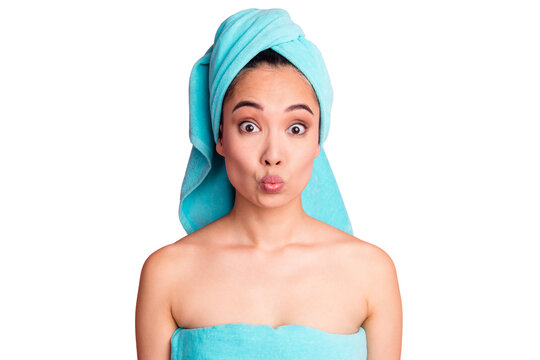 Photo of young girl pouted lips amazed cosmetology procedure facial treatment isolated over pink color background