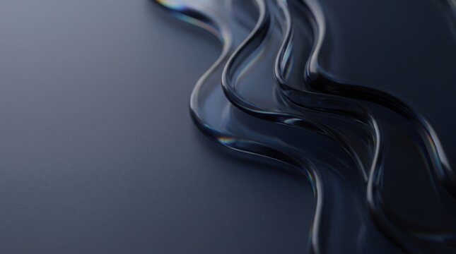 Dark navy liquid glass flows along a cool gray field with glossy depth and a restrained cinematic atmosphere, with elegant depth and copy space