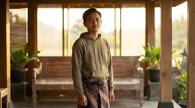 Handsome young Indonesian man blending modern and traditional styles by wearing a casual olive green hoodie with a classic batik sarong while standing in a sunlit wooden gazebo at golden hour