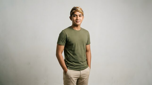 Confident young Indonesian man posing in a casual olive green t-shirt and khaki pants while wearing a traditional Javanese blangkon headpiece, blending modern style with cultural heritage.