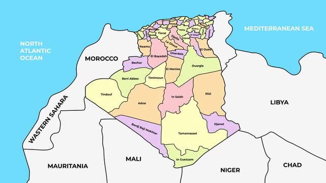 Algeria map with provinces and administrative districts, territory boundaries animation on white background