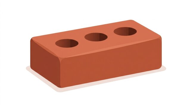 A single red clay brick with three circular holes isolated on a white background with holes arranged horizontally rectangular