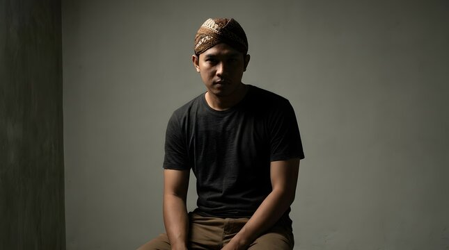 Confident young Indonesian man wearing a casual black t-shirt and traditional Javanese blangkon batik headpiece, blending modern lifestyle with cultural heritage in a dramatic studio portrait.