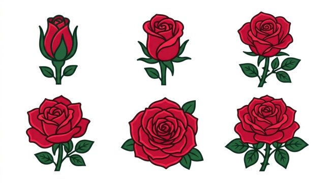 Set of six red rose illustrations showing different stages of blooming on a white background with various stages bloom flower