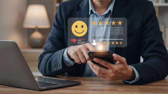 Man's hands using smartphone for online customer feedback with glowing stars and happy face rating during office work