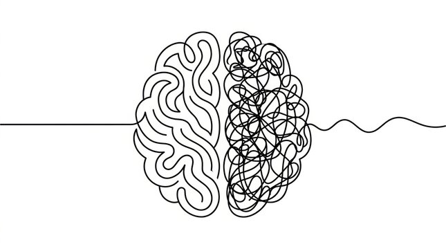 Abstract line art of a brain showing organized with structured orderly other single continuous black one side structured