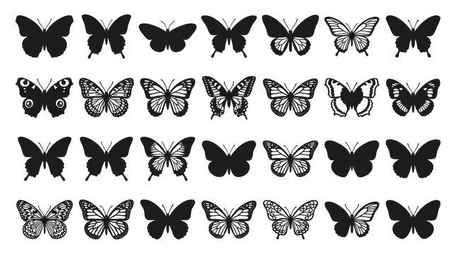 Set of black butterfly silhouettes and detailed wing patterns on a white background with collection various butterfly graphic
