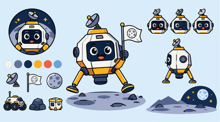Cute cartoon lunar lander mascot character on moon surface. © ibrahem