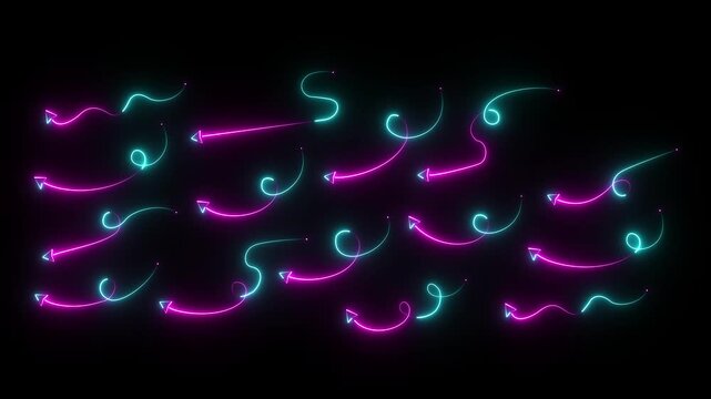 glowing neon line arrows set. Set of curved dotted line arrow. Hand drawn line doodle arrow, curve arrow icon an set. Squiggly dotted arrow, curved line arrow animation on black background.