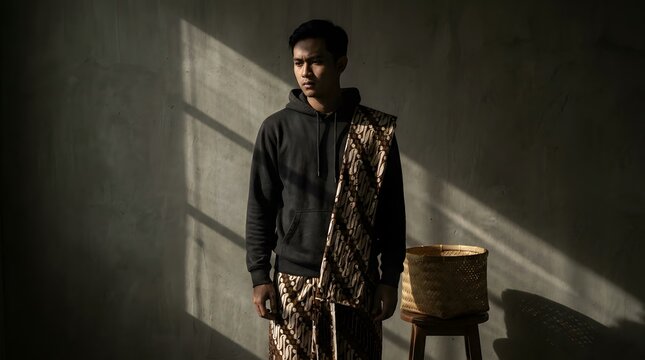 A handsome young Indonesian male model showcasing a creative fusion of modern casual wear and traditional culture, wearing a black hoodie and batik sarong against a textured concrete wall.