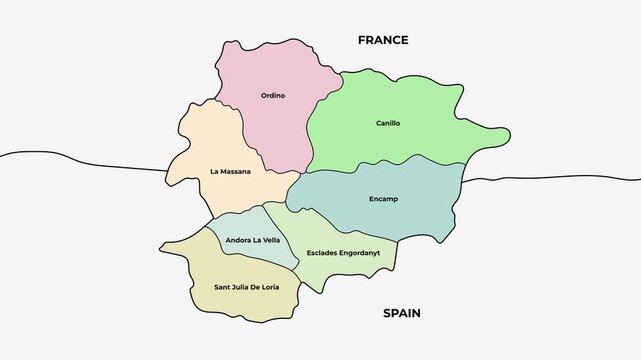 Andorra map with parishes and administrative divisions, European microstate borders animation on white background