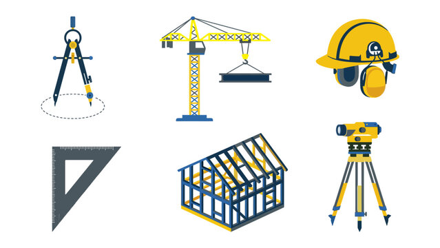 Architectural Blueprint and Construction Engineering Vector Icons Set, Building Clipart