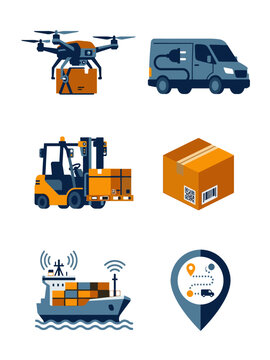 Smart Logistics and Automated Drone Delivery Vector Icons Set, Supply Chain Clipart