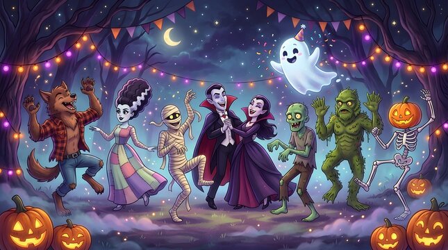 Cartoon halloween monsters and classic horror figures dancing together at night with halloween