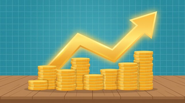 stacks of gold coins with upward arrow financial growth concept