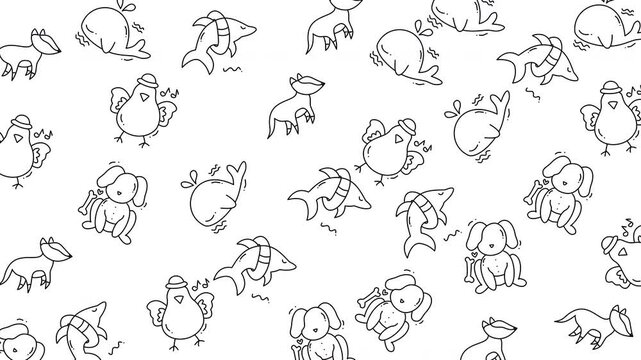 Seamless pattern with cute cartoon animal doodles line art outline characters on white background