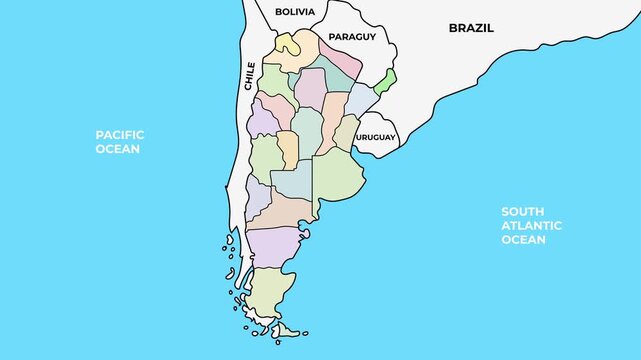 Argentina map with provinces and administrative regions, South America country borders animation