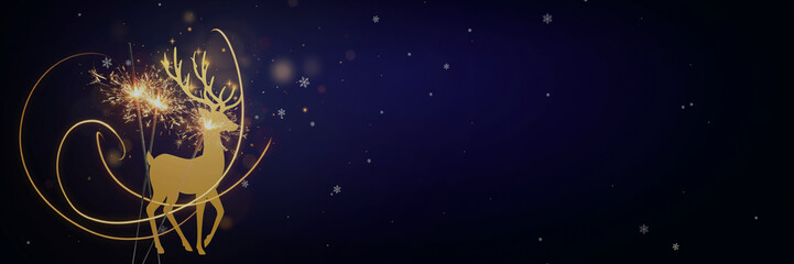 Christmas banner with golden reindeer silhouette, burning sparklers, glowing golden light swirls, snowflakes and bokeh on dark navy blue night background with large empty copy space for greetings © ale studio 