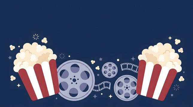 Popcorn buckets and film reels on dark blue background for cinema movie night entertainment concept