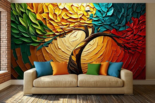 Modern living room interior with textured impasto oil painting wall mural of abstract tree art