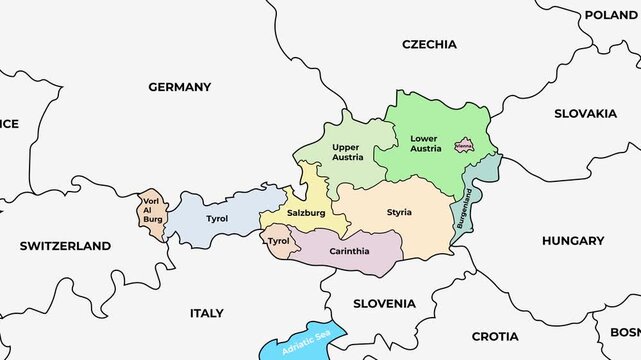 Austria map with states and administrative districts, Central Europe country boundaries animation