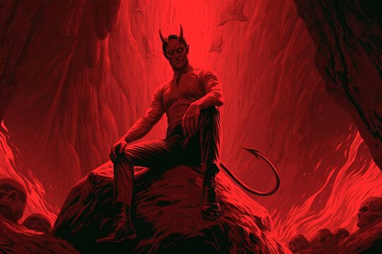 Sinister devil with horns and tail sitting on rock in dark red cavern full of skulls