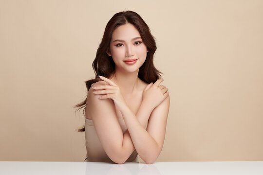 A beautiful young Asian woman with clean, fresh skin against a beige background. Skincare, facial treatment, cosmetology, beauty, and spa. An elegant portrait of an Asian woman.