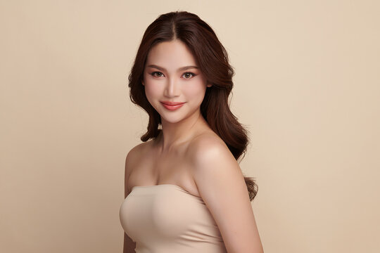 A beautiful young Asian woman with clean, fresh skin against a beige background. Skincare, facial treatment, cosmetology, beauty, and spa. An elegant portrait of an Asian woman.