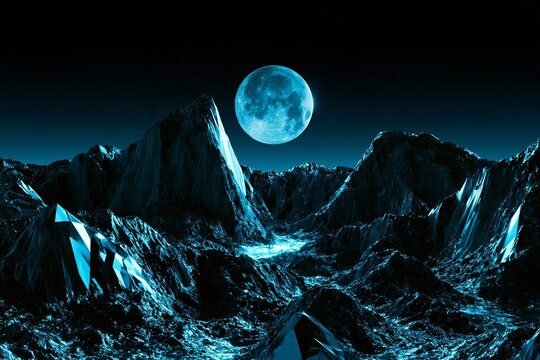 Bright full moon shining over dark sharp mountain peaks in a night landscape scenery