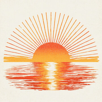 Retro Vintage Sunset Design for Print on Demand with Colorful Rays and Reflective Water Elements