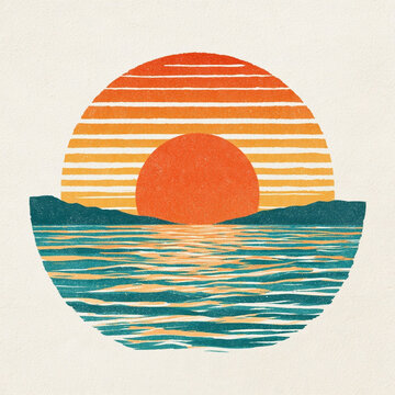Retro Sunset Vintage Design for Print on Demand Featuring Colorful Sun and Waves