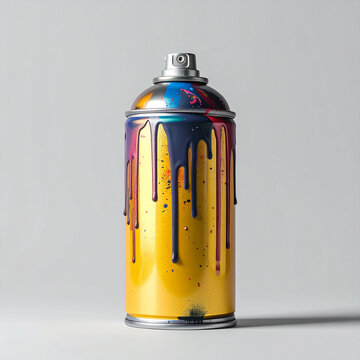 Colorful spray paint can with dripping paint isolated on white